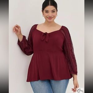 NEW Torrid peplum Rayon Crepe Embroidered sleeve top